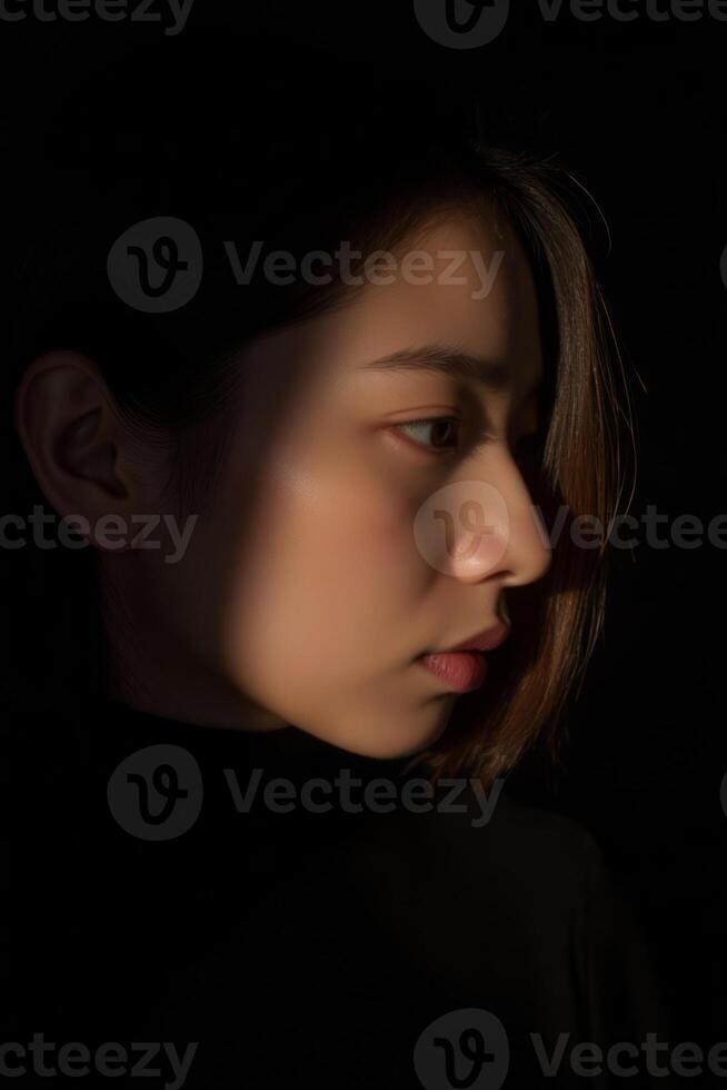 A young Asian woman, captured in profile. She has a subtle expression, with her lips closed and eyes looking slightly downward photo