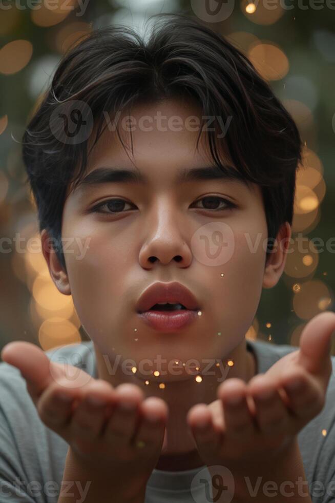 Asian man surrounded by translucent colored spheres photo
