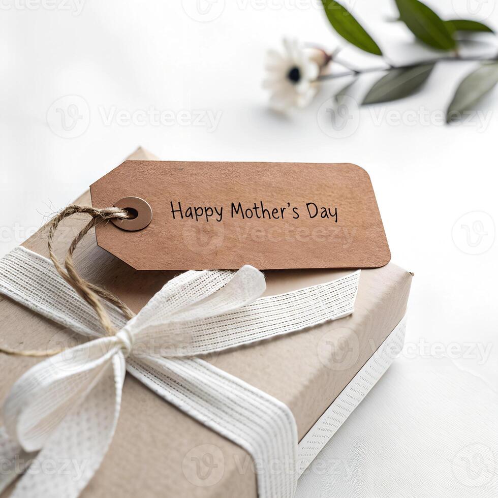 A handwritten Happy Mother s Day tag Tied with a white bow to a gift, isolated on a white background photo