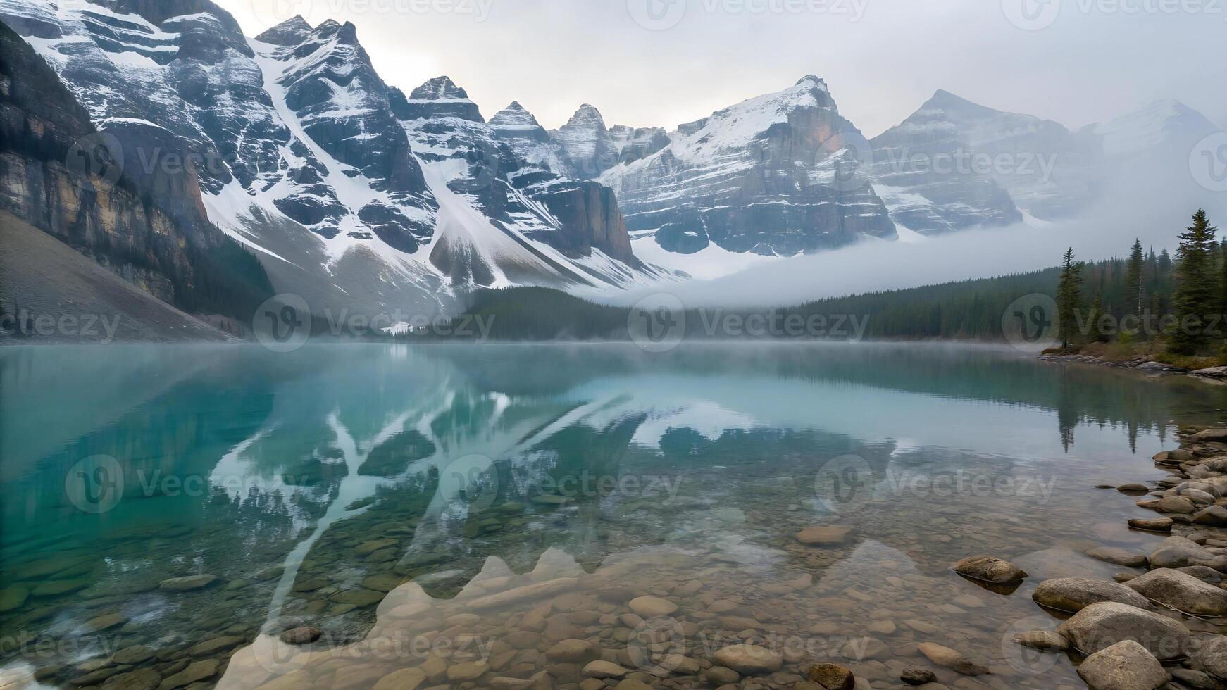 Wide angle view of A pristine lake reflects the towering, snow-capped mountains of the Canadian Rockies photo