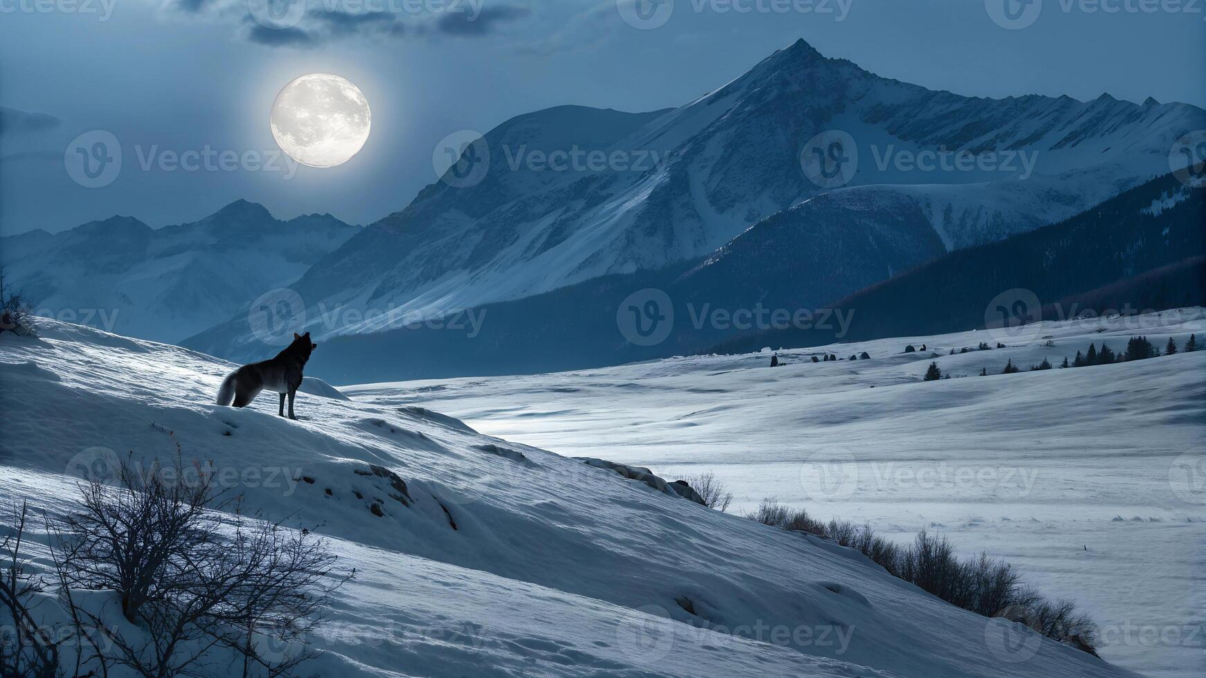 A vast, icy wilderness under the glow of a full moon, With the wolf looking at something photo