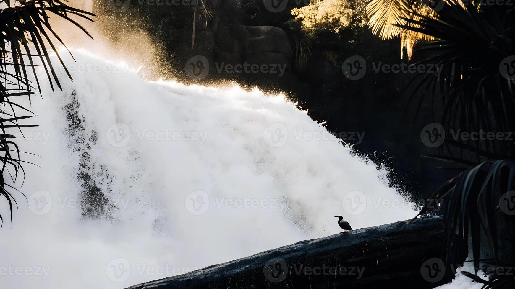 A waterfall cascading down with a large volume of water creating mist photo