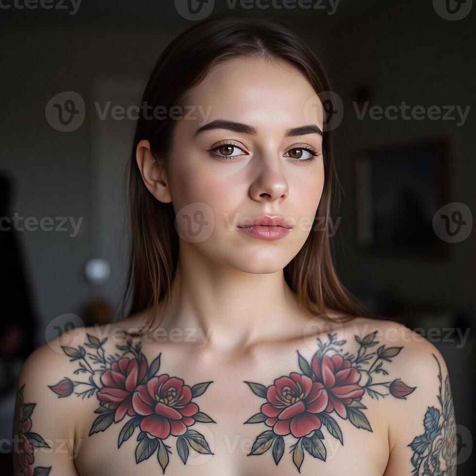 A woman with floral tattoos extending from her face to shoulders photo