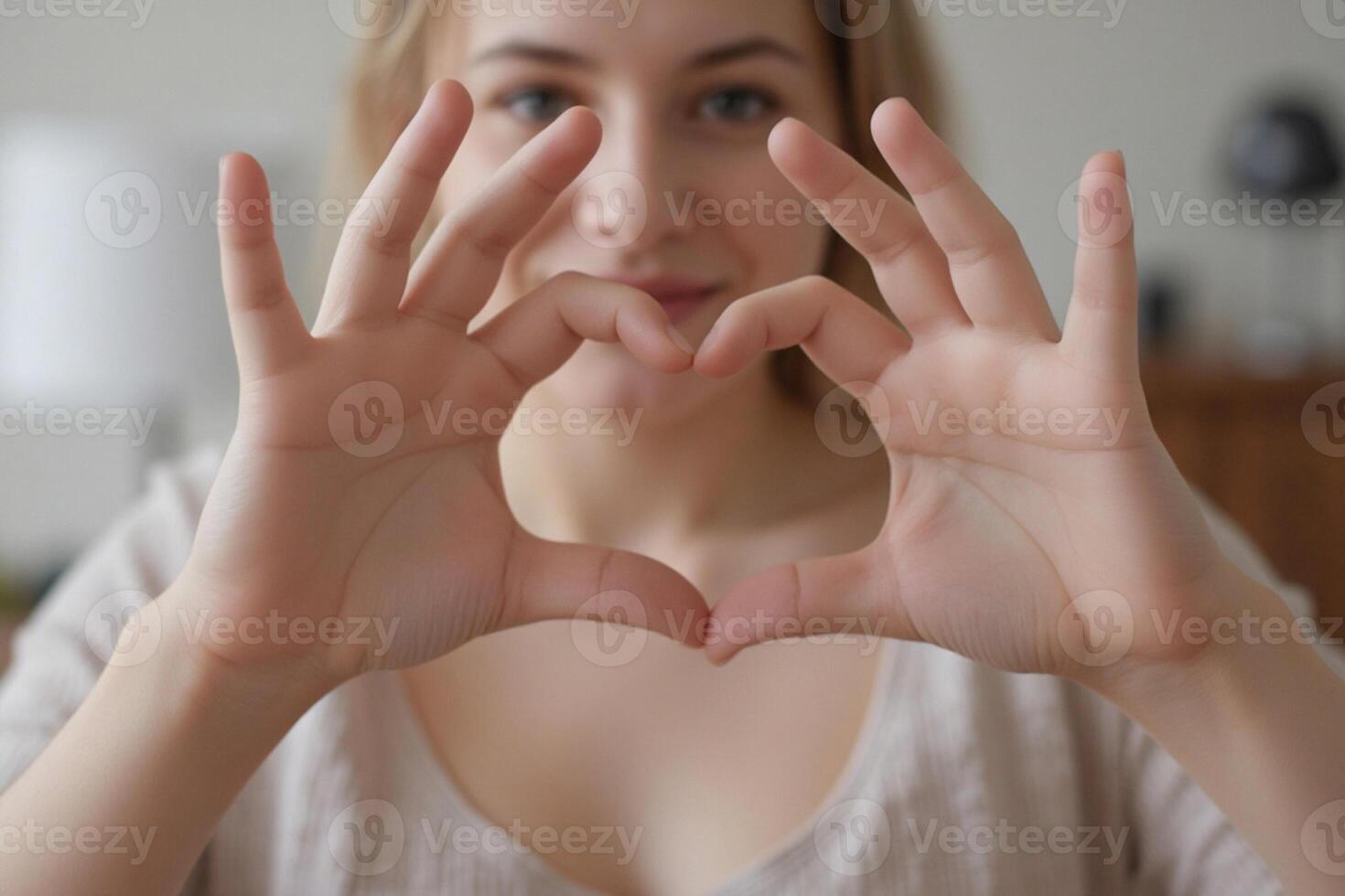 Young woman with light skin and blonde hair forming a heart shape with her hands. She is smiling softly, wearing a light-colored top photo