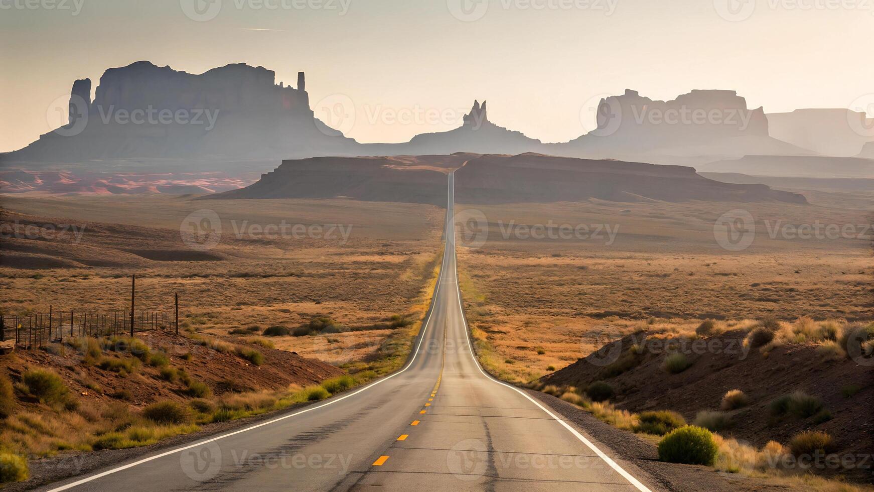 A long road in the desert, mountains in the background photo