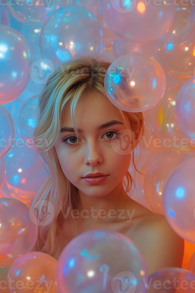 A young woman surrounded by translucent colored spheres photo