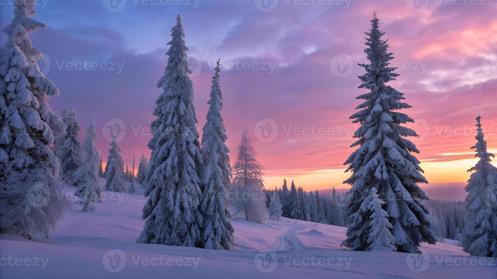 Wide angle view of a Towering pine trees stand covered in thick layers of snow, their branches weighed down by the winter frost photo
