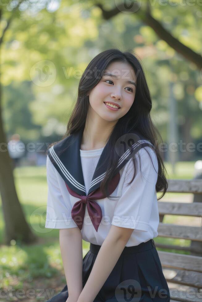 Asian girl, white skin, 18 years old, black hair in a park photo