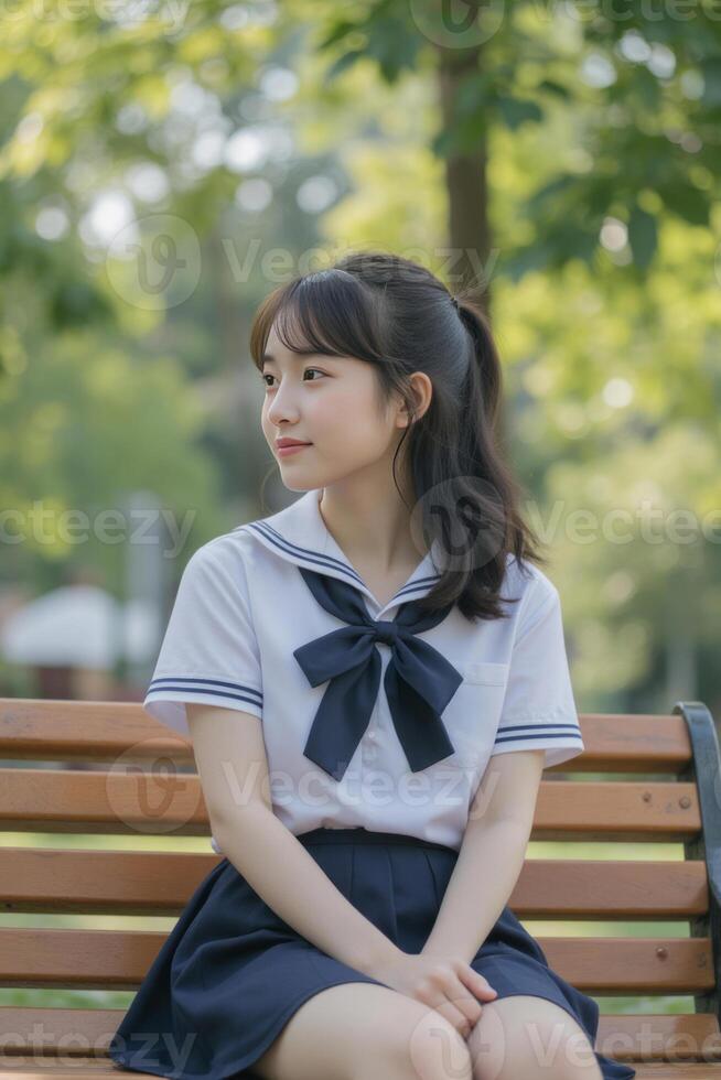 Asian girl, white skin, 16 years old, black hair in a park photo