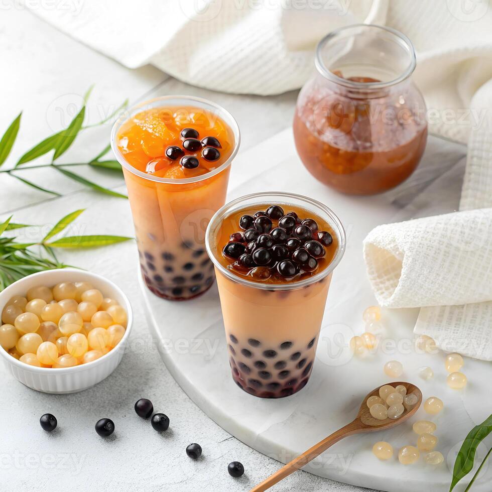 Top view of Korean-style bubble tea with sweet tapioca pearls, elegantly arranged photo