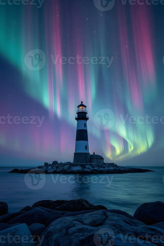 A lighthouse with a black and white striped pattern stands on a rocky outcrop surrounded by water, The sky is illuminated by vibrant auroras photo
