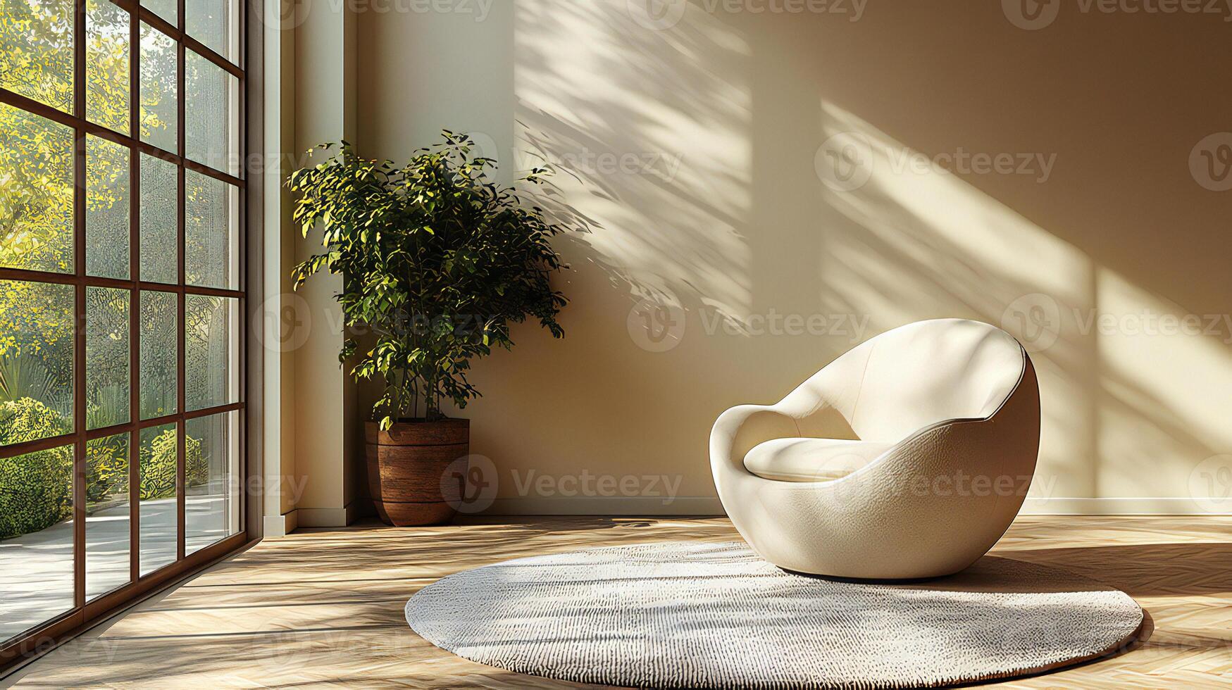 A white chair sitting in a room with a window photo