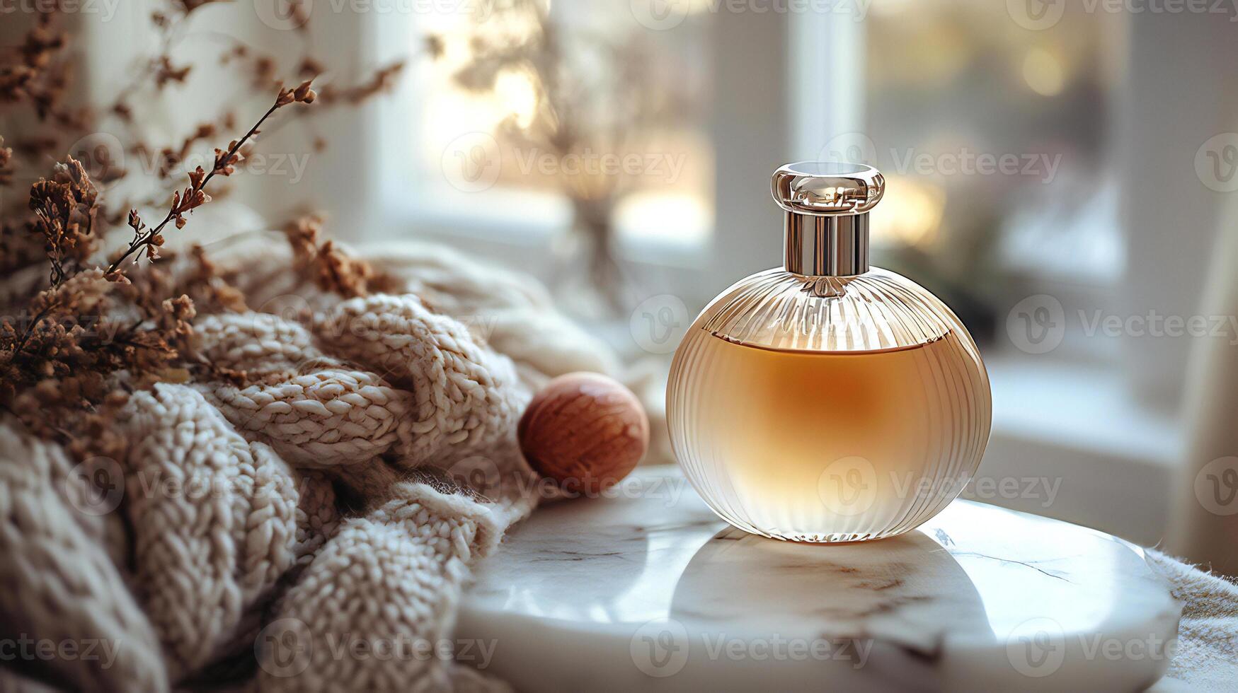 A bottle of perfume sits on a table next to a bowl of dried flowers photo