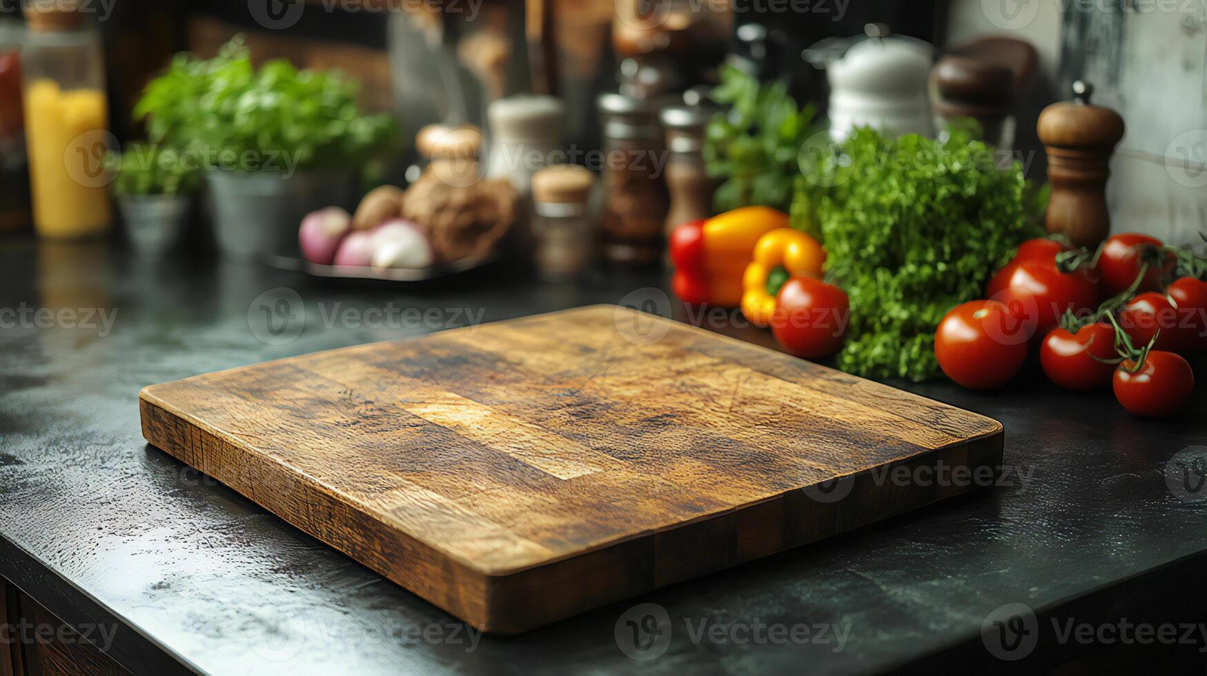 A cutting board on a counter with vegetables and spices photo