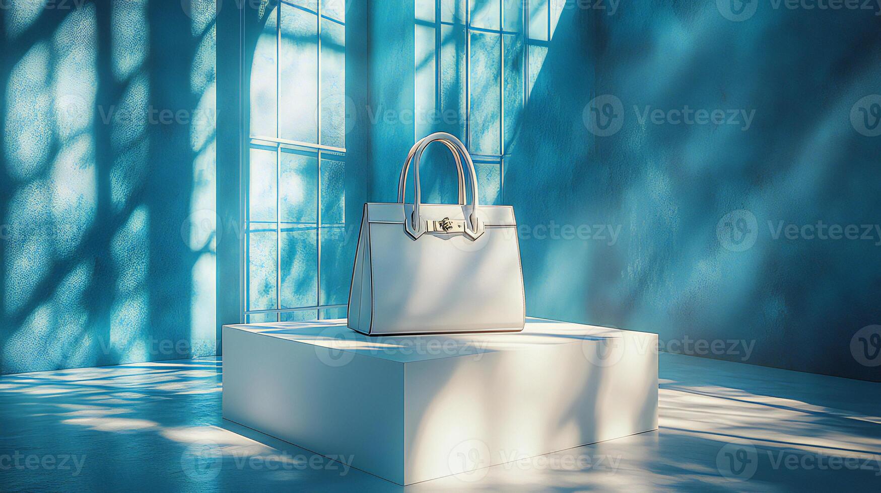 A white purse sitting on a white box in front of a window photo