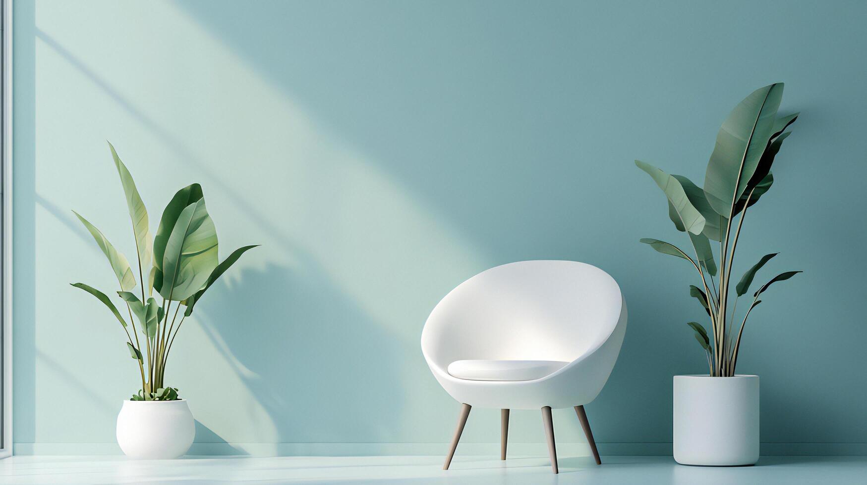 A white chair and two vases in front of a blue wall photo