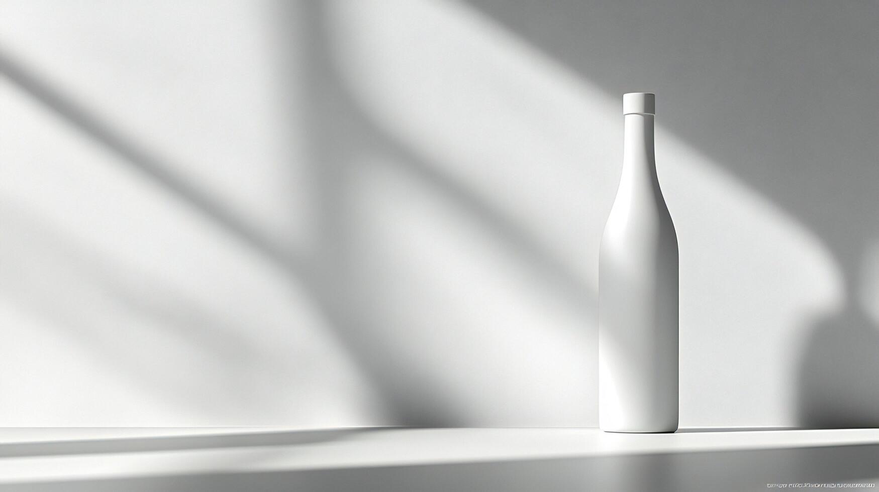 A white bottle sitting on a table in front of a wall photo