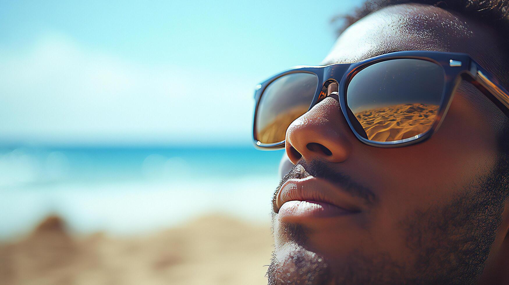 A man wearing sunglasses on a beach photo