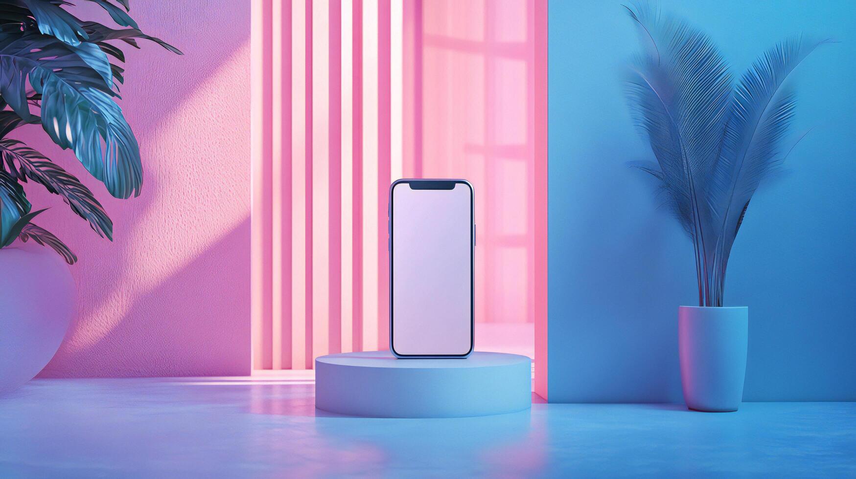 A white air purifier sits on a stand in front of a blue wall photo