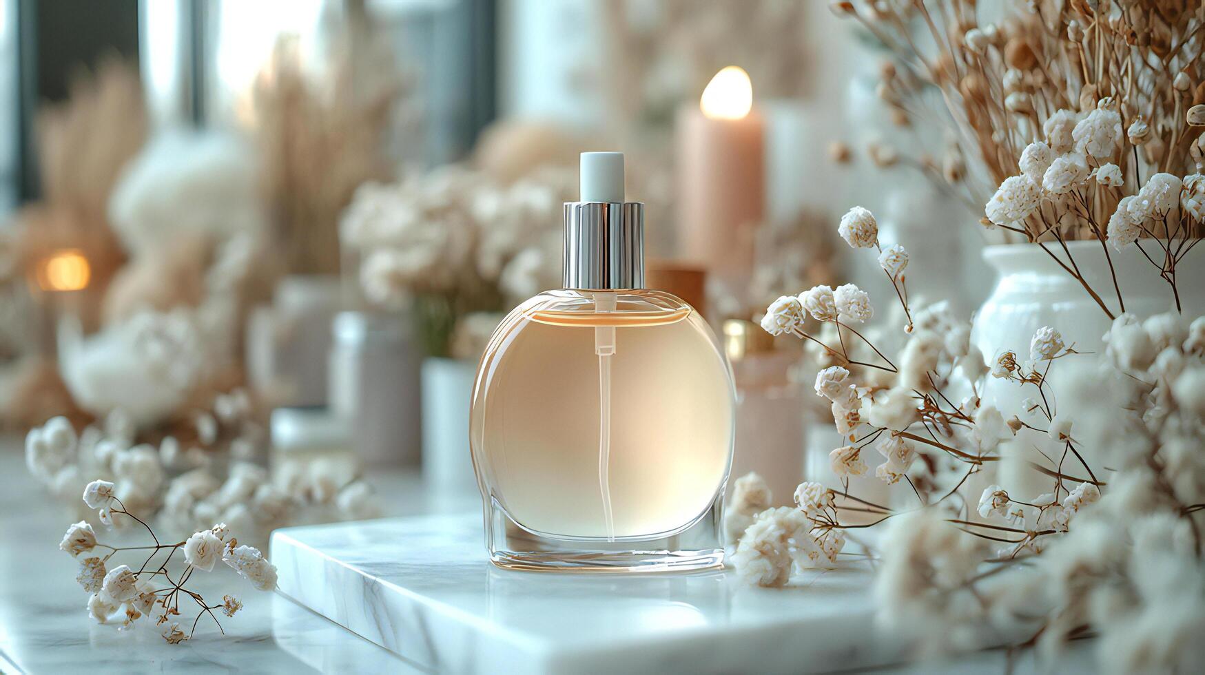 A perfume bottle sitting on a table with candles photo