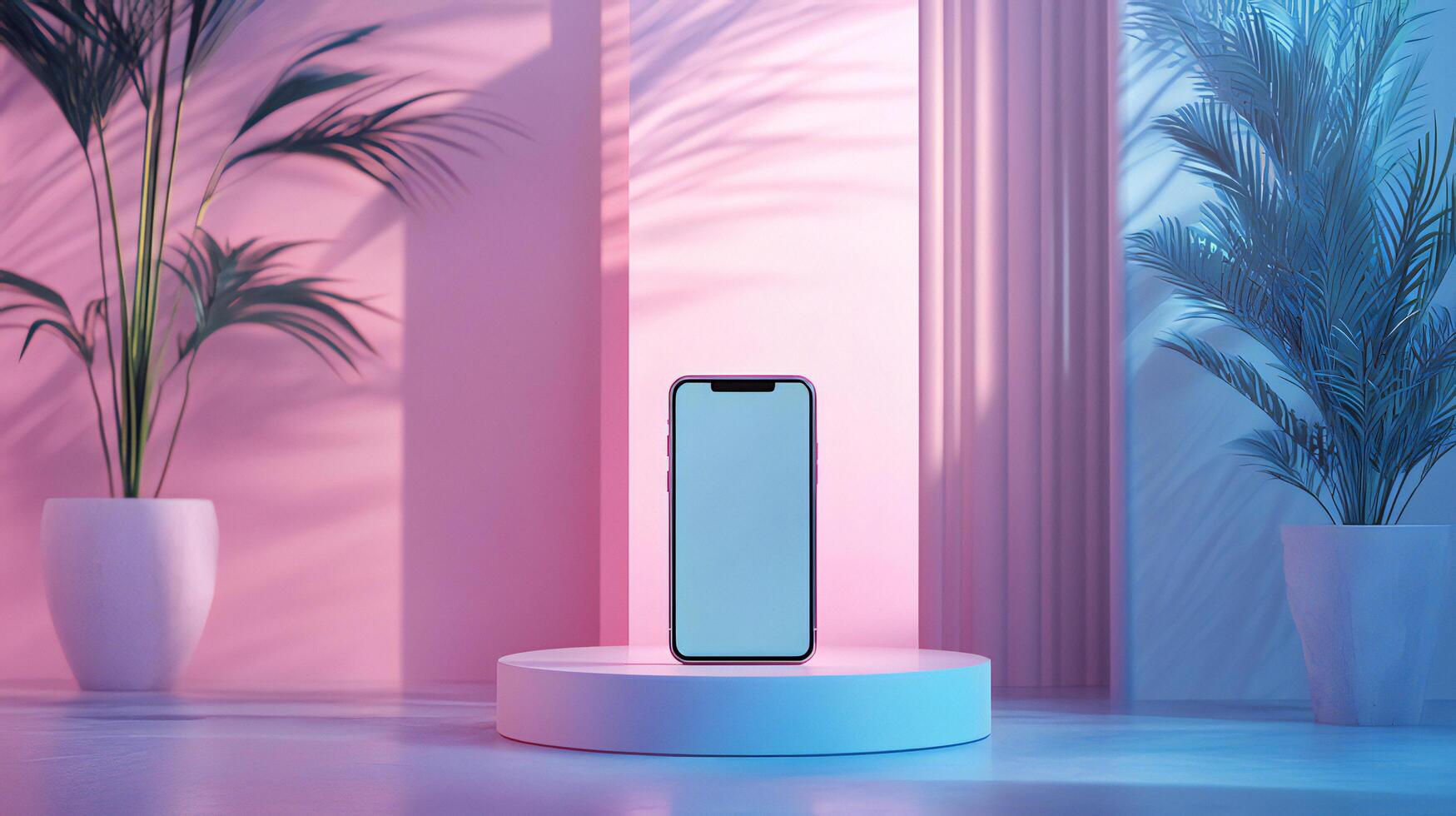 An iphone on a stand in front of a pink wall photo