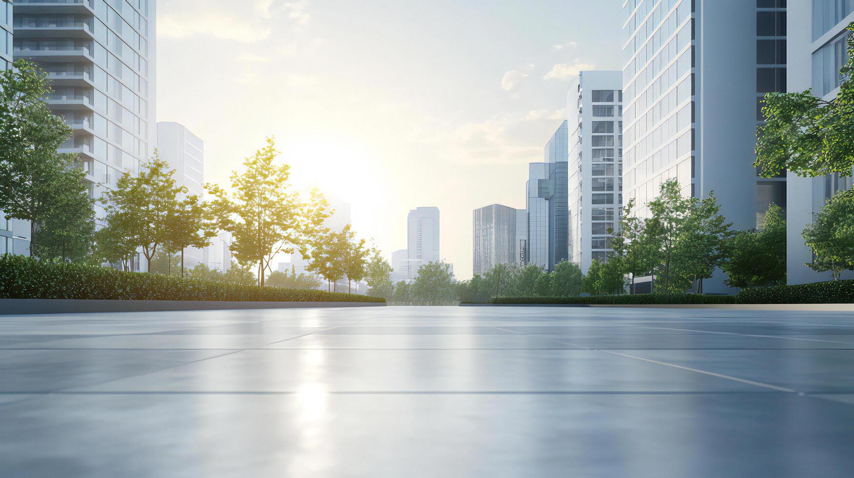 An empty street with tall buildings in the background photo