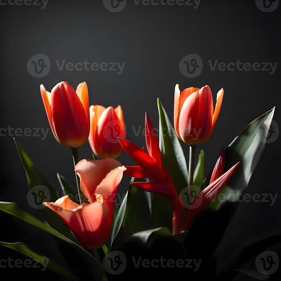 A bouquet of orange tulips and red flowers photo