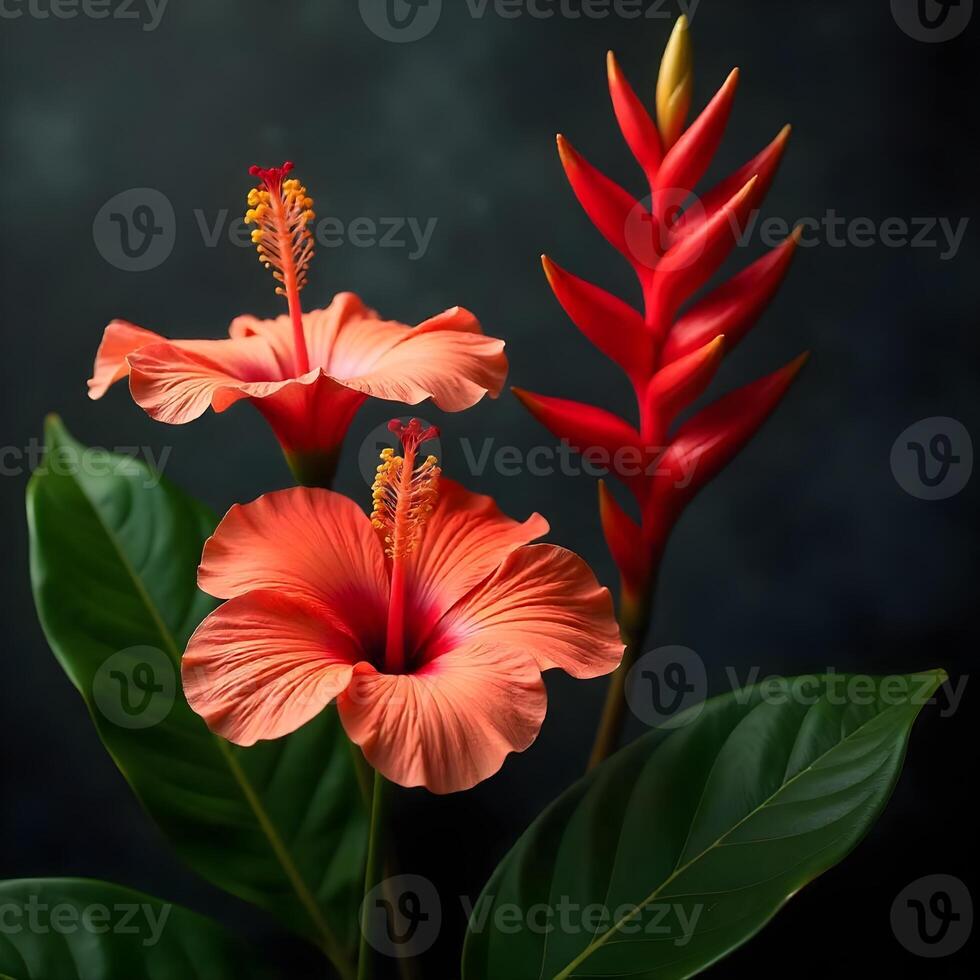 Detailed photo of Hibiscus flower bouquet in black misty background.