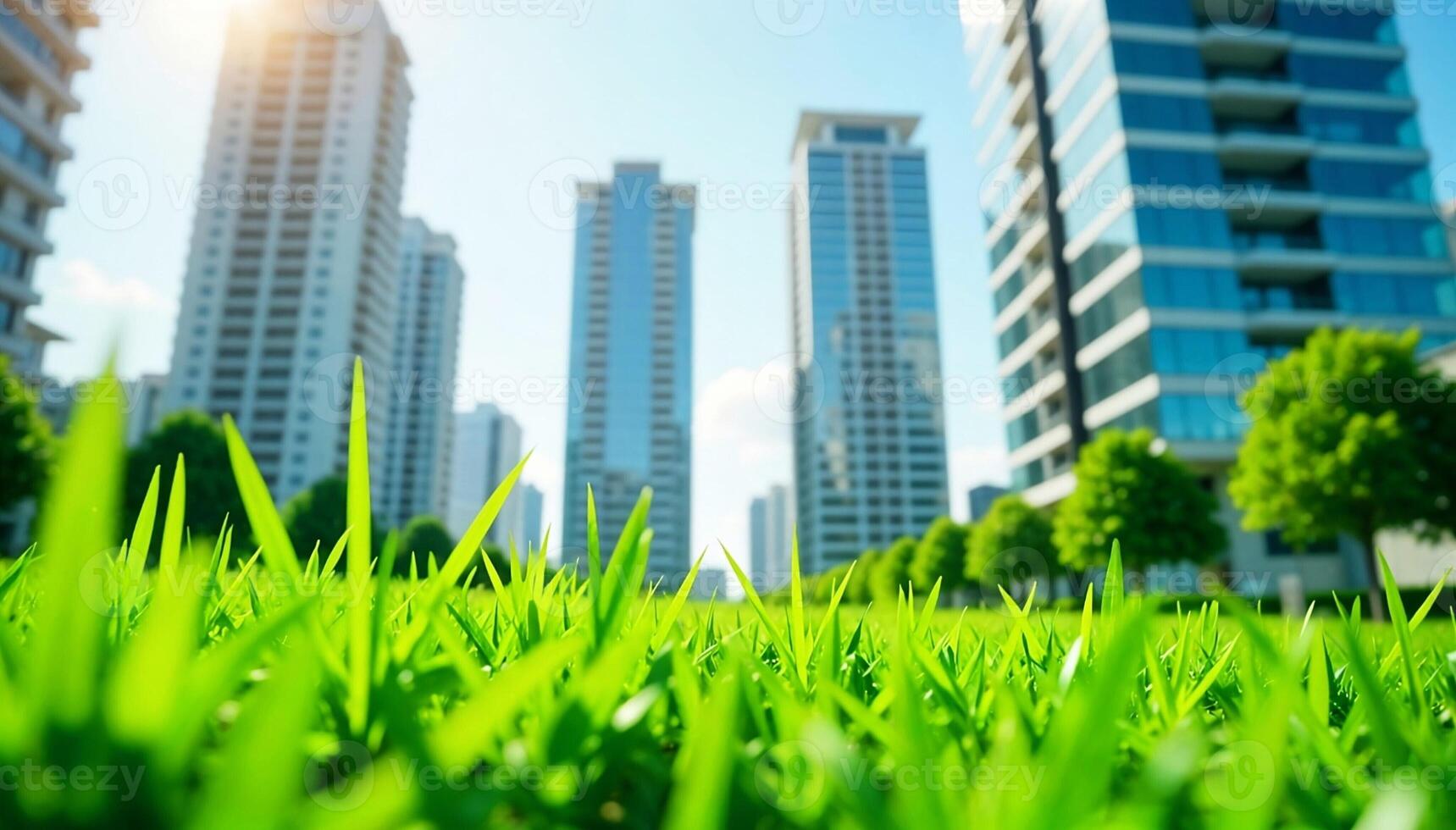 Green grass in front of tall buildings photo