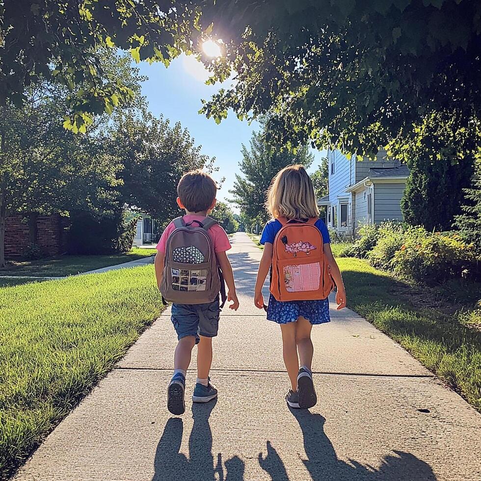 Two children walking down a sidewalk with backpacks photo