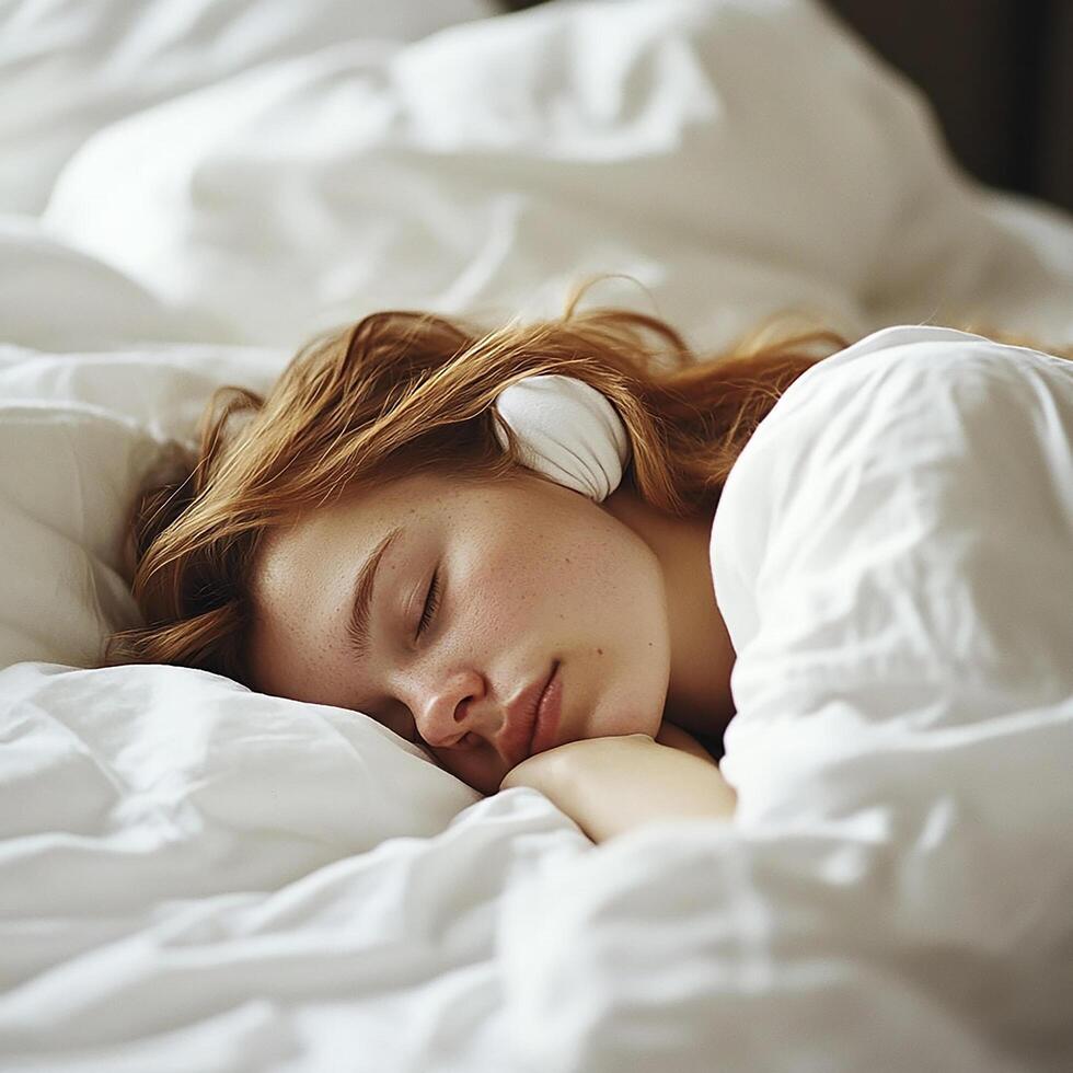 A woman sleeping in bed with headphones on photo