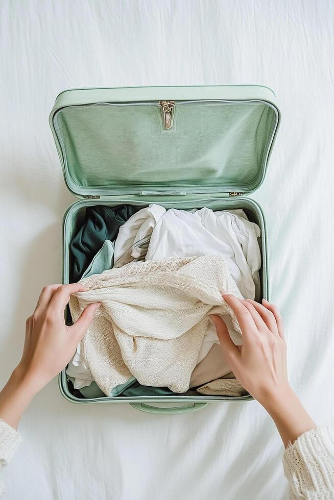 A person is opening an open suitcase with clothes inside photo