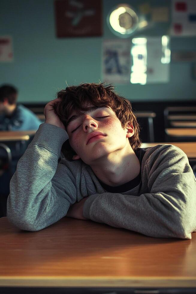 A boy sleeping at a desk in a classroom photo