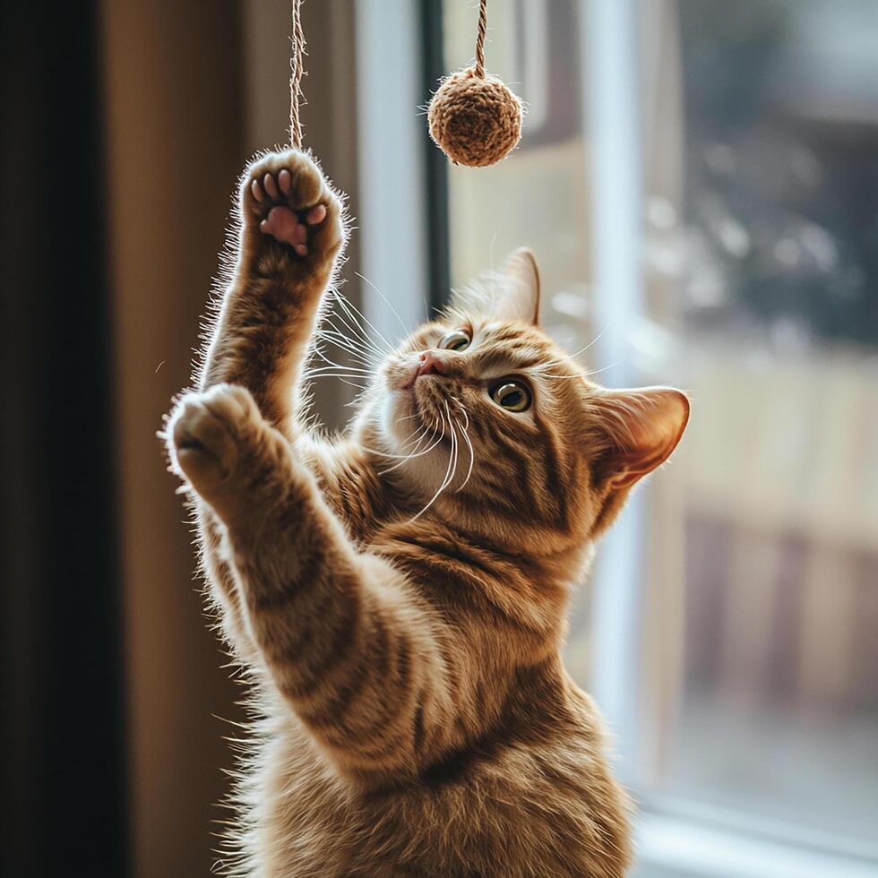A cat reaching up to play with a ball photo