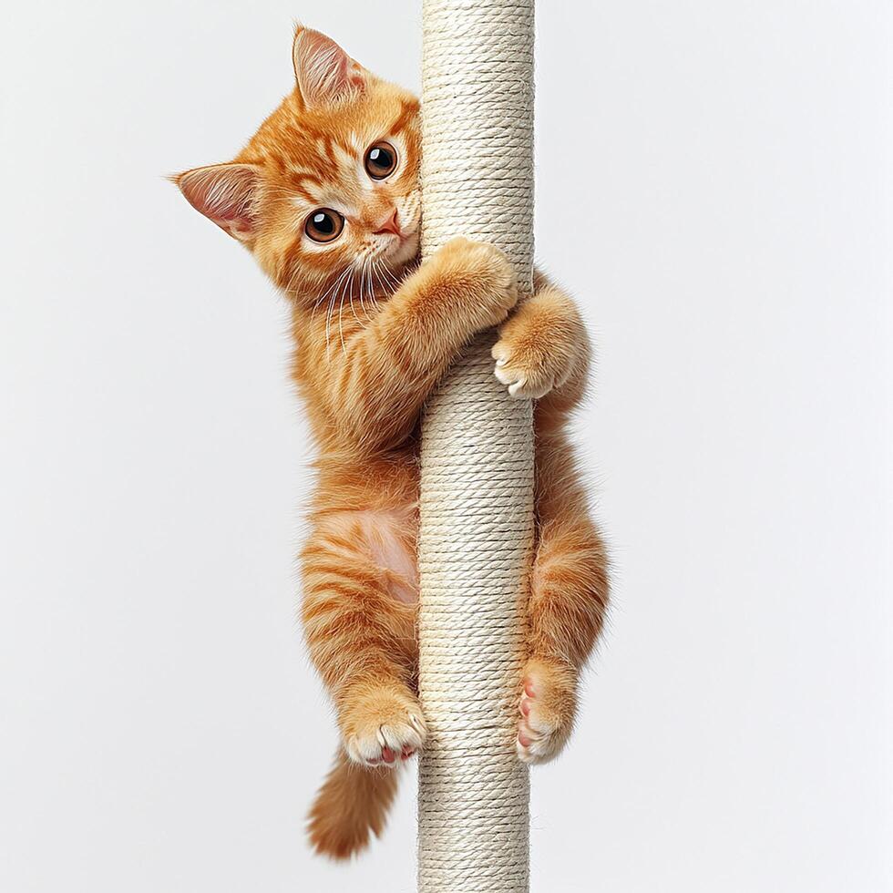 An orange kitten is climbing up a pole photo