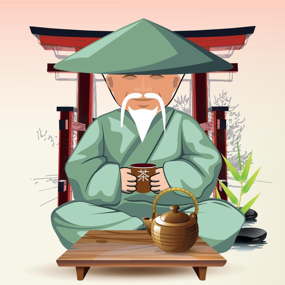 sitting chinese man at table in national chinese clothes and hat vector