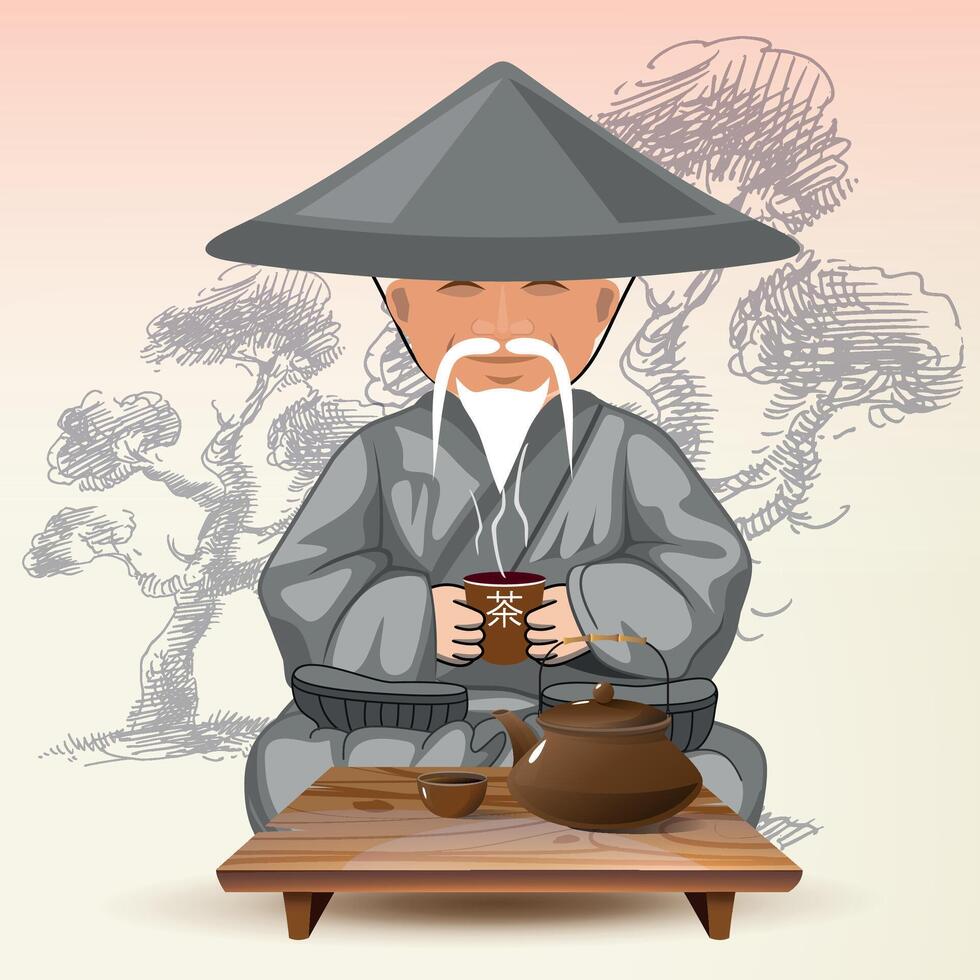 a Chinese man sitting at a table in traditional Chinese clothing and hat performing a tea ceremony vector