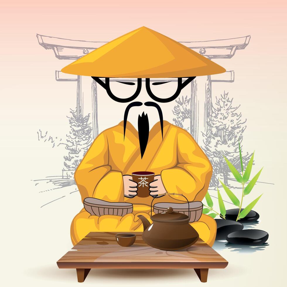 Chinese man sitting at table in national dress against temple background vector