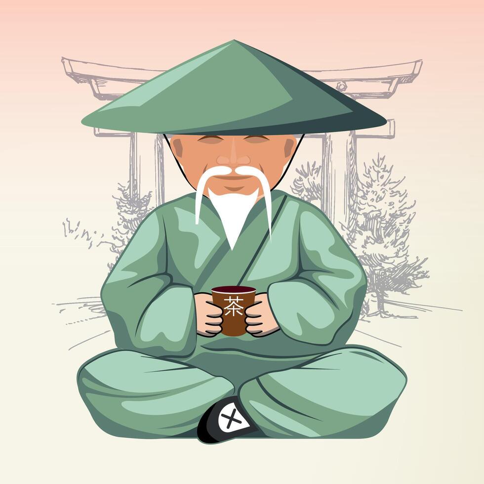 seated chinese man with cup of tea in national dress and hat against gate background vector