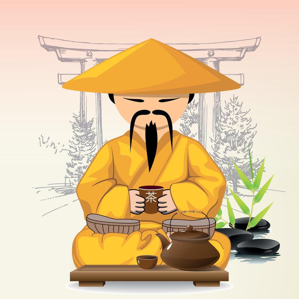 sitting chinese man at table in national chinese clothes and hat against temple background vector