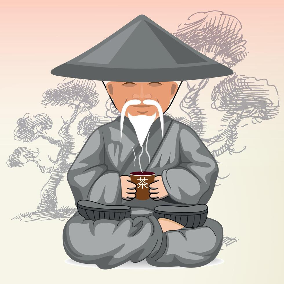 sitting chinese man with cup of tea in national orange clothes and hat against background of trees vector