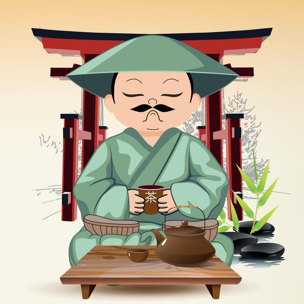 Chinese man at table in national orange clothes and hat against gate background vector
