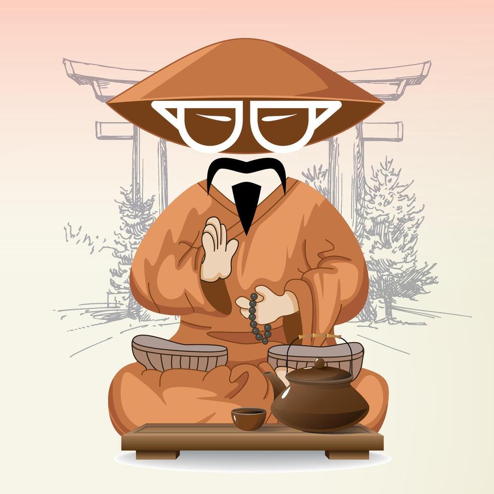 a Chinese man sitting at a table in traditional Chinese clothing performing a tea ceremony vector