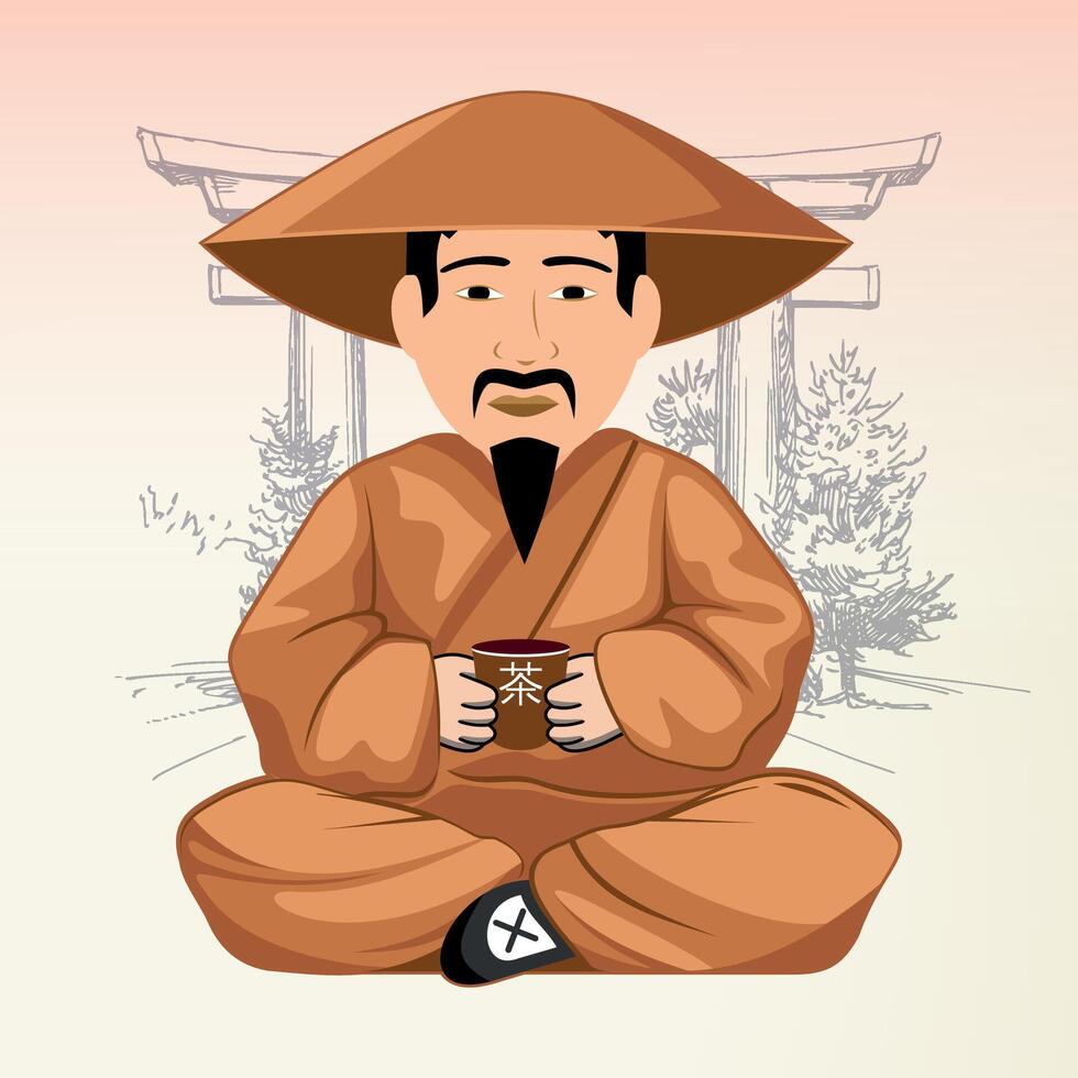 seated chinese man with cup of tea in national dress and hat vector