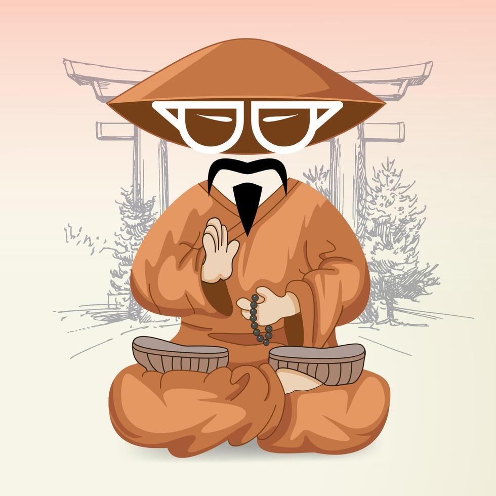 seated chinese man with rosary in hands in national orange clothes and hat against background of trees vector