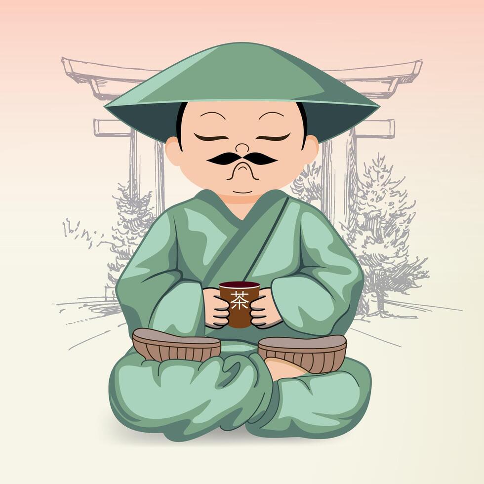 chinese man with cup of tea in national dress and hat vector