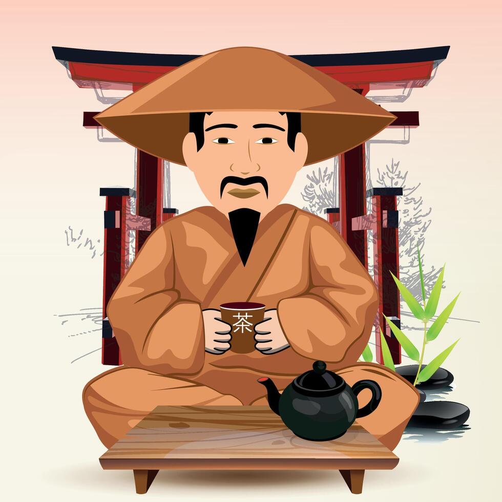 a Chinese man in traditional Chinese clothing and hat performing a tea ceremony vector