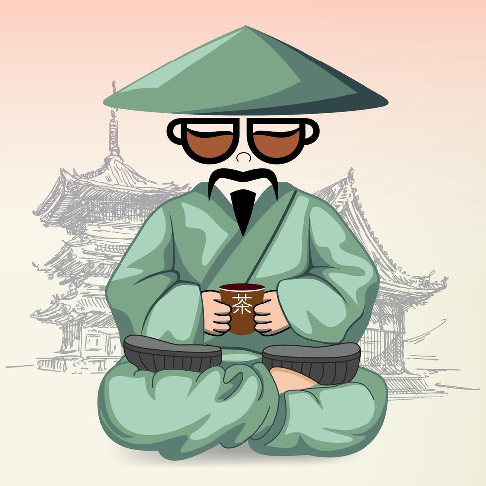 chinese man with cup of tea in national orange clothes and hat against temple background vector