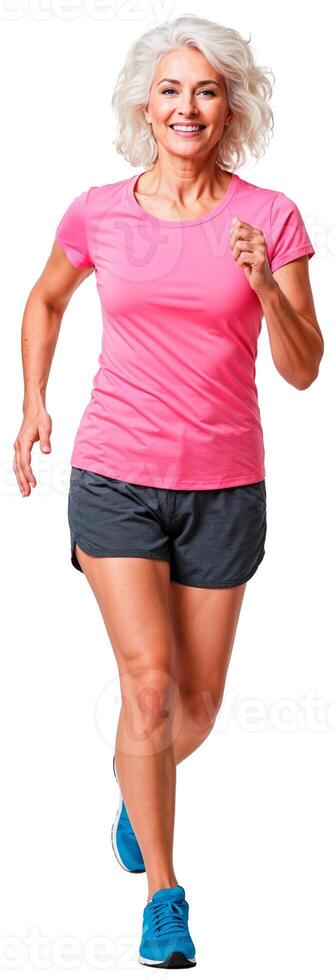 Active senior woman running energetically in colorful sportswear isolated on white background photo