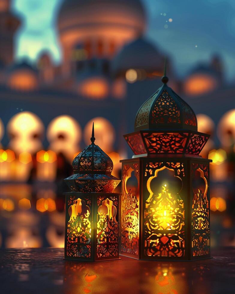 Ramadan lanterns on the ground at night photo